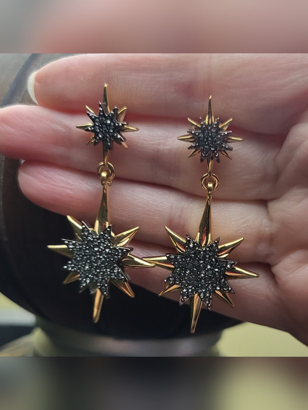 Gold Celestial Star Starburst Rhinestone Drop Dangle Earrings
